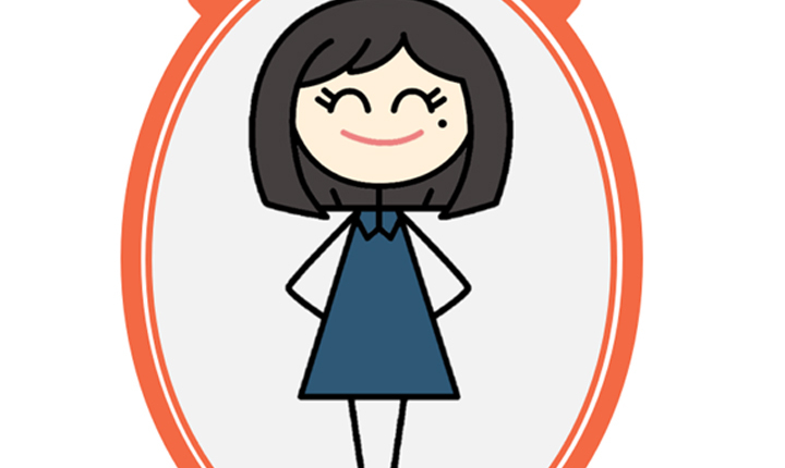 A cartoon illustration of a smiling girl with short black hair and one eye winking. She is wearing a dark blue dress with a collar, white sleeves, and orange shoes. The girl stands inside an oval orange decorative frame on a light gray background.