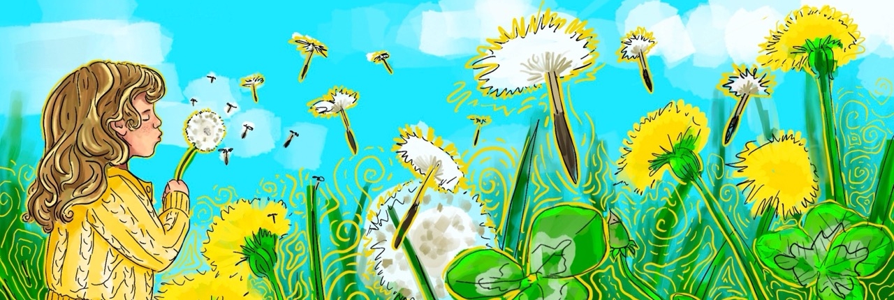 A whimsical, digital illustration of a young girl in yellow blowing a dandelion. Seeds are drifting across a lush field of yellow and white dandelions under a vivid, turquoise sky.