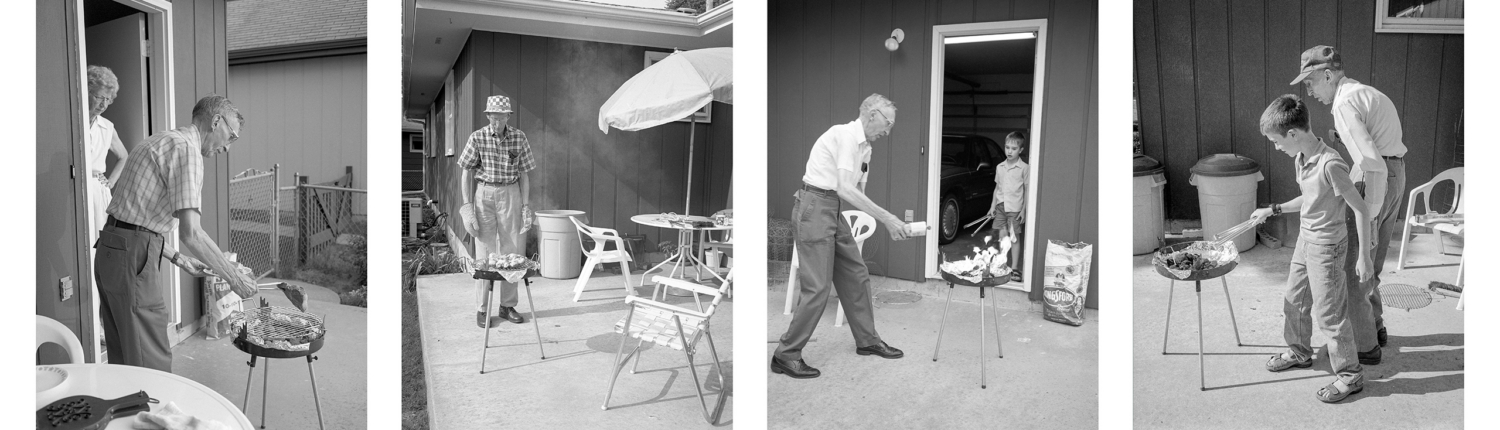 A horizontal series of four black-and-white photographs showing an elderly man tending a small charcoal grill on a backyard patio across different occasions. Other family members consisting of an elderly woman and a young boy appear in various frames.