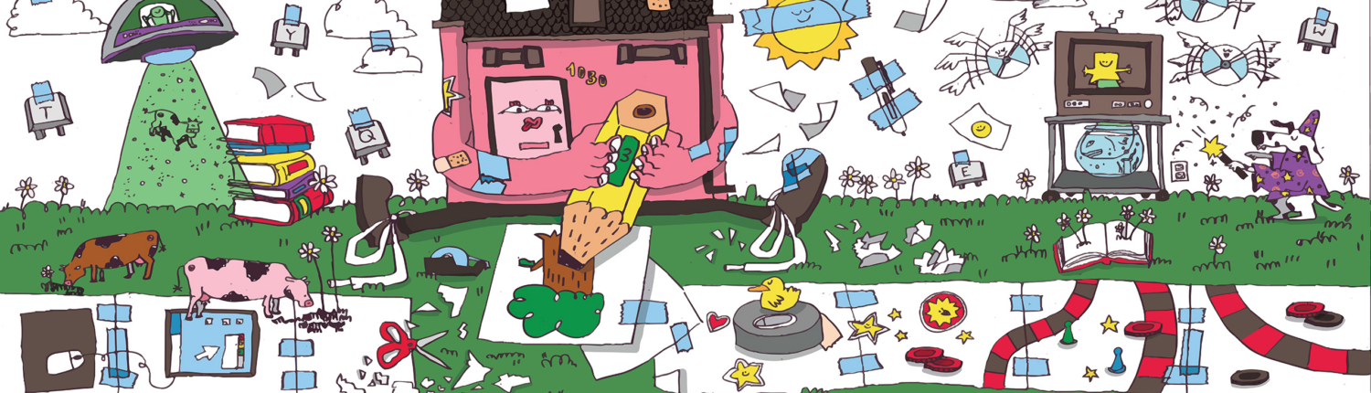 A wide, whimsical digital illustration featuring a chaotic and playful scene. There is a pink house with a face and a giant pencil, flying paper, a UFO, stacks of books, cows, scissors, a rubber duck, a board game path, and dozens of quirky characters and objects scattered across a grassy landscape. The clouds, the sun, and a few other objects are taped to the background, implying the world they inhabit is completely drawn on paper.